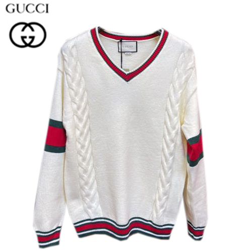 GUCCI-08295 구찌 화이트 니트 Web 스트라이프 장식 V 넥 스웨터 남여공용